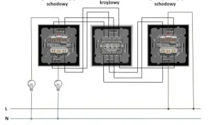 Schemat podłączenia włącznika światła podwójnego trzy przewody: schodowy, krzyżowy, schodowy.
