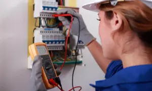 Kobieta w białym kasku wykonuje przegląd instalacji elektrycznej, używając multimetru do pomiaru napięcia.