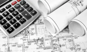 Kalkulator i projekty budowlane. Na planach widać oznaczenia punktów elektrycznych, co pozwala oszacować, ile kosztuje punkt elektryczny w zależności od jego typu i lokalizacji.