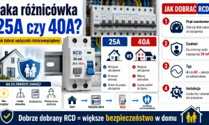 Porównanie wyłączników różnicowoprądowych 25A i 40A. Dobór RCD zależy od obciążenia, czułości i instalacji.