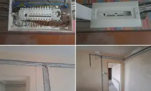 Nowa wymiana instalacji elektrycznej w toku. Widać rozdzielnicę z zabezpieczeniami i poprowadzone przewody w peszlach.