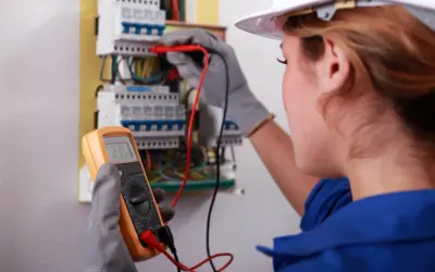 Kobieta w białym kasku wykonuje przegląd instalacji elektrycznej, używając multimetru do pomiaru napięcia.