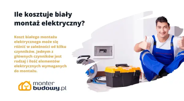 Elektryk w niebieskim ogrodniczkach pokazuje kciuki w górę obok skrzynki z narzędziami i rozdzielnicy. Biały montaż elektryczny to koszt zależny od wielu czynników.