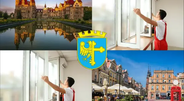 Kolaż: zamek, montaż okien, herb Opola, rynek z kawiarniami.
