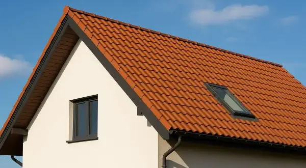 Nowy dom z czerwonym, ceramicznym dachem dwuspadowym i oknem dachowym.