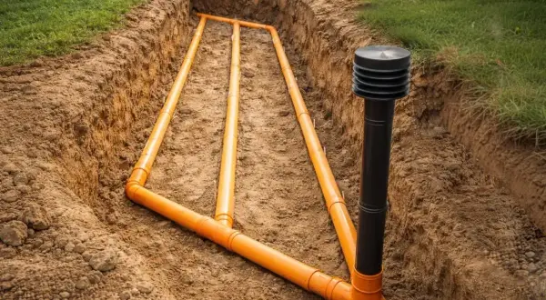 Instalacja gruntowego wymiennika ciepła: pomarańczowe rury w wykopie ziemnym, połączone z pionowym czarnym elementem.