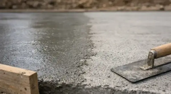 Świeżo wylany beton, narzędzia budowlane i drewniany chudziak czekają na dalsze prace.