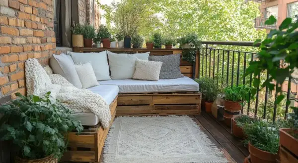 Przytulny balkon z sofą z palet i mnóstwem roślin. Idealne miejsce, by odpocząć i zastanowić się, czym osłonić balkon.