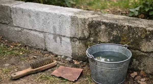 Jak odnowić stary murek betonowy? Metalowa szczotka, papier ścierny i wiadro z wodą czekają, by przywrócić mu dawny blask.