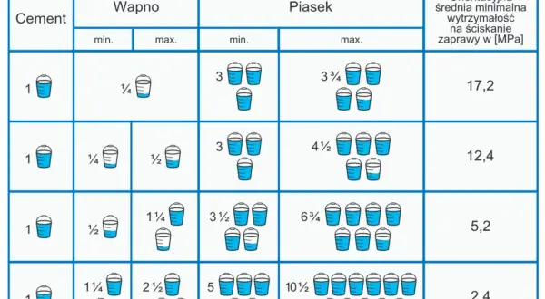 Tabela pokazuje proporcje cementu, wapna gaszonego i piasku do zapraw budowlanych.