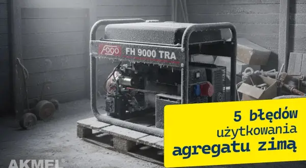 Agregat prądotwórczy Fogo FH 9000 TRA pokryty szronem. Żółty prostokąt z napisem "5 błędów użytkowania agregatu zimą".