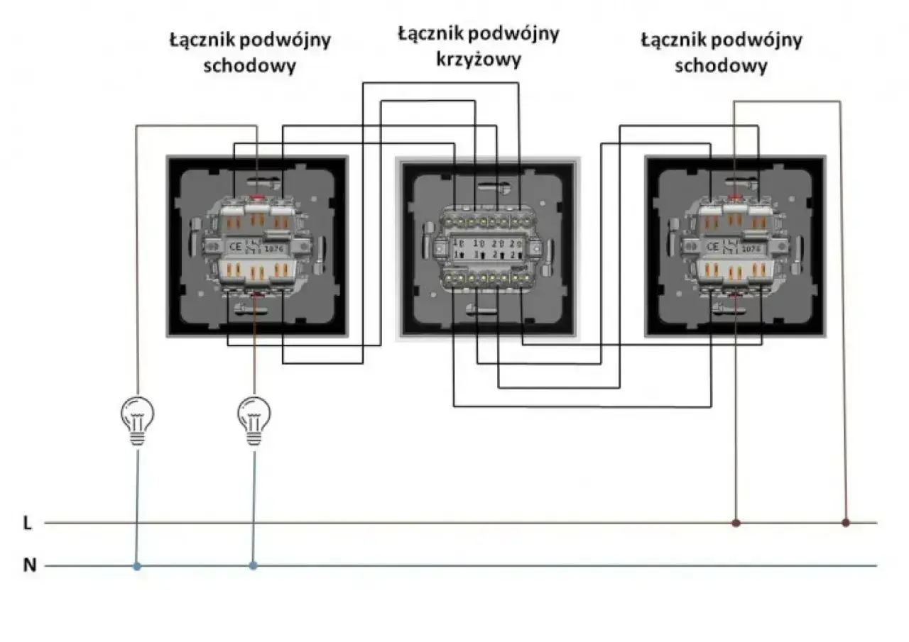 Schemat podłączenia włącznika światła podwójnego trzy przewody: schodowy, krzyżowy, schodowy.