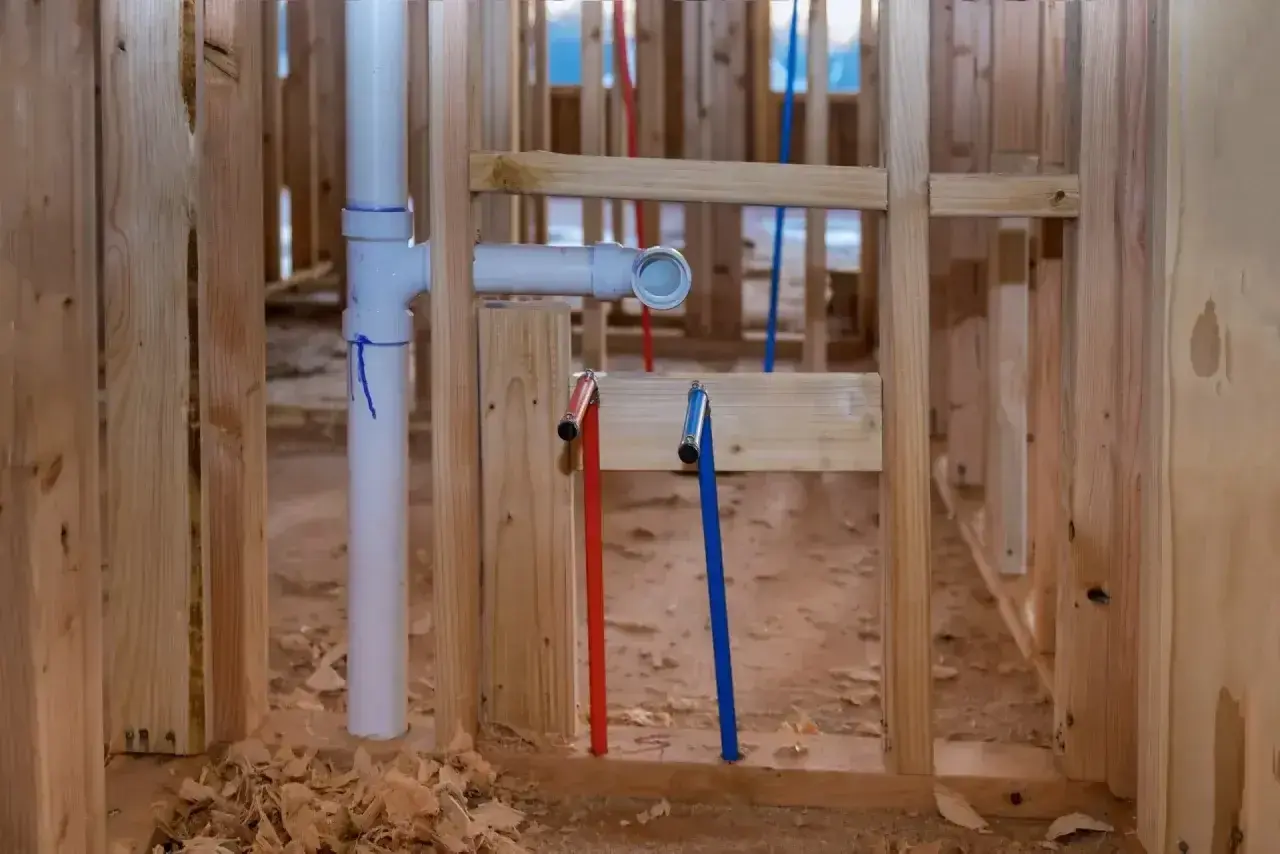 Instalacja hydrauliczna w budowie. Rury PEX (czerwona i niebieska) oraz biała rura kanalizacyjna. Widać złączki PEX, ale różnica między U i TH nie jest widoczna.
