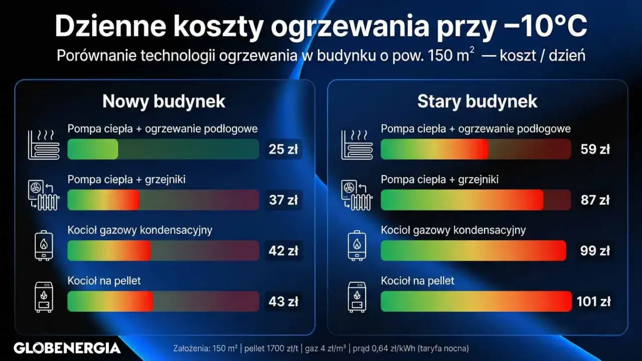 Porównanie dziennych kosztów ogrzewania domu 150 m² przy -10°C. Sprawdź, jakie ogrzewanie wybrać: pompa ciepła z podłogówką (25 zł) czy kocioł na pellet (43 zł) w nowym budynku.