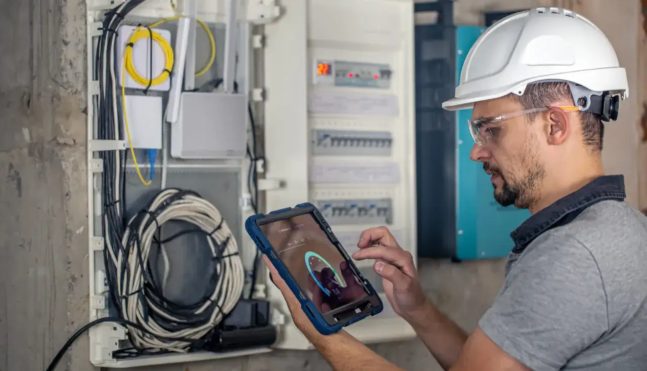 Technik w kasku i okularach ochronnych sprawdza przegląd instalacji elektrycznej domu na tablecie. Widoczne przewody i rozdzielnica.