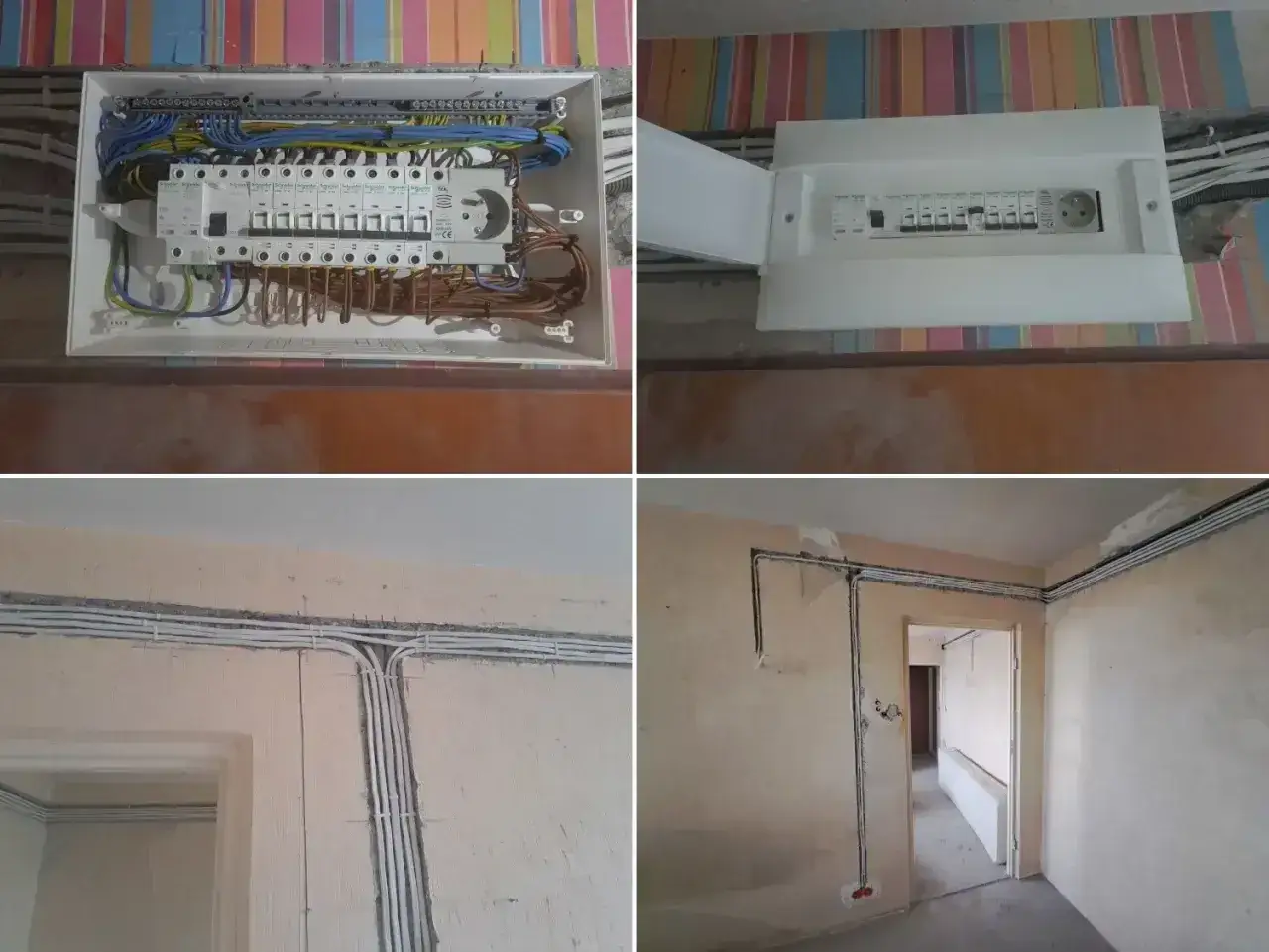Nowa wymiana instalacji elektrycznej w toku. Widać rozdzielnicę z zabezpieczeniami i poprowadzone przewody w peszlach.