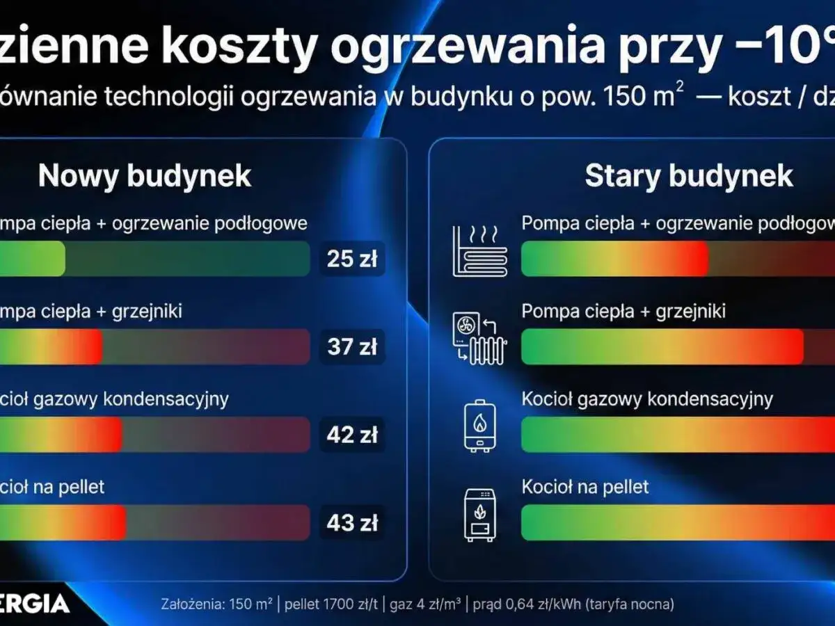 Ranking najtańsze ogrzewanie domu: pompa ciepła z ogrzewaniem podłogowym w nowym budynku to 25 zł/dzień.