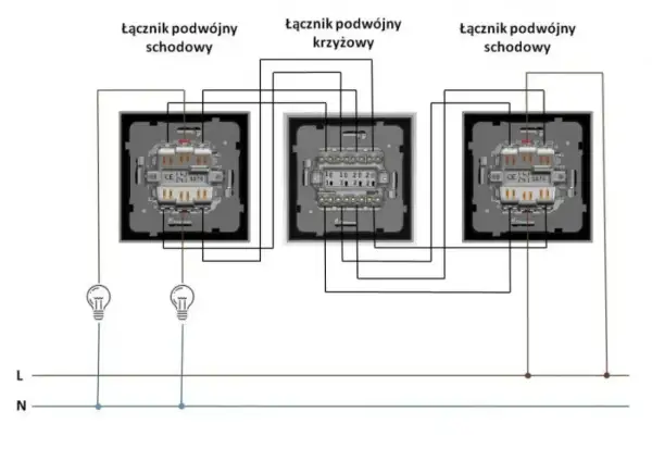 Schemat podłączenia włącznika światła podwójnego trzy przewody: schodowy, krzyżowy, schodowy.