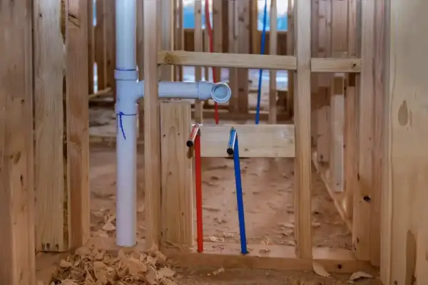 Instalacja hydrauliczna w budowie. Rury PEX (czerwona i niebieska) oraz biała rura kanalizacyjna. Widać złączki PEX, ale różnica między U i TH nie jest widoczna.