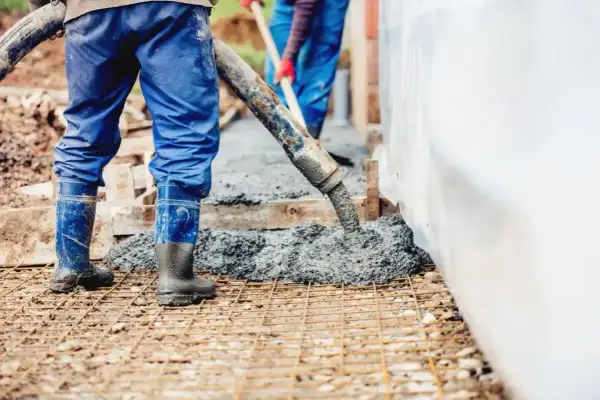 Pracownicy wylewają beton na zbrojenie. Sprawdź aktualny suchy beton cena 1m3.