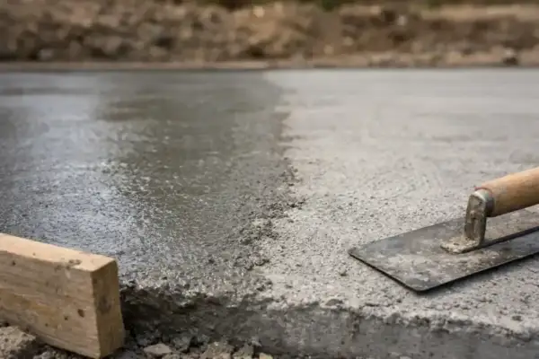 Świeżo wylany beton, narzędzia budowlane i drewniany chudziak czekają na dalsze prace.