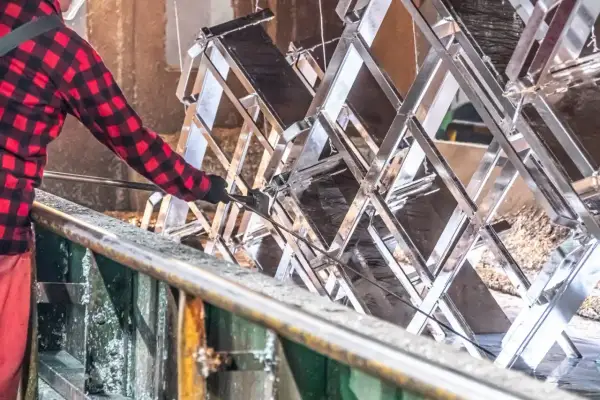 Pracownik w kratkę zanurza metalową konstrukcję w kąpieli galwanicznej, zapewniając jej ochronę przed korozją dzięki procesowi ocynku.