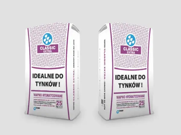 Dwie torby wapna budowlanego Classic Extra, idealnego do tynków. Produkt wapno hydratyzowane, 25 kg.