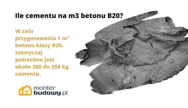 Ile cementu na m3 betonu B20? Potrzeba ok. 300-350 kg cementu na 1 m³ betonu.