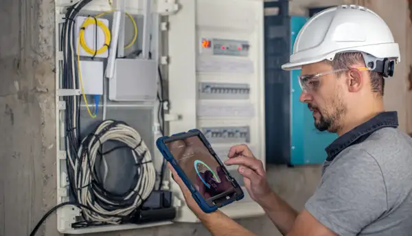 Technik w kasku i okularach ochronnych sprawdza przegląd instalacji elektrycznej domu na tablecie. Widoczne przewody i rozdzielnica.