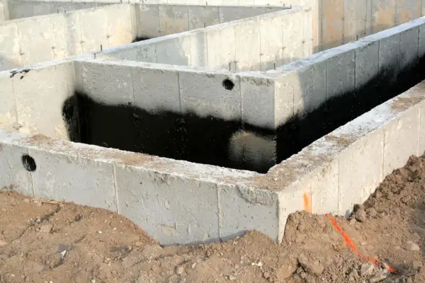Betonowe bloczki zalewowe tworzą fundament domu, zabezpieczone czarną izolacją przeciwwilgociową.