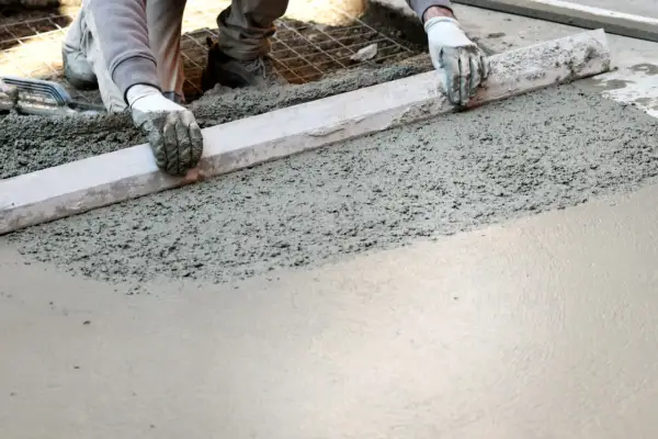 Pracownik wyrównuje świeży beton, pokazując różne rodzaje betonu w akcji.
