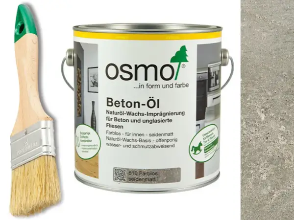 Pędzel i puszka z olejem do betonu Osmo. Ten impregnat chroni powierzchnie betonowe i płytki.