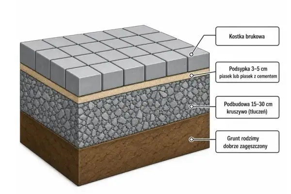 Warstwy pod kostkę brukową: kostka, podsypka piaskowa 3-5 cm, podbudowa z kruszywa 15-30 cm i zagęszczony grunt.